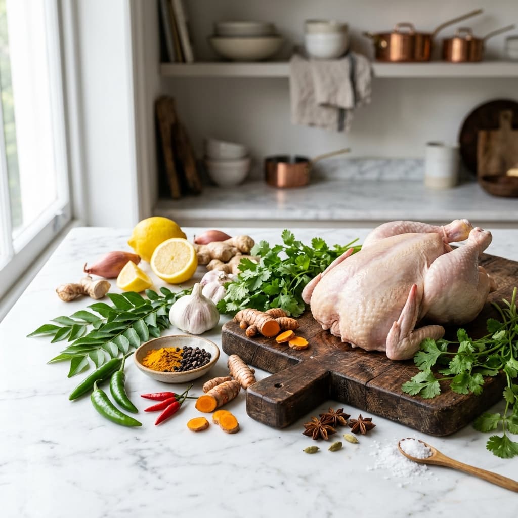 Fresh chicken and spices at CHIKEN WORLD